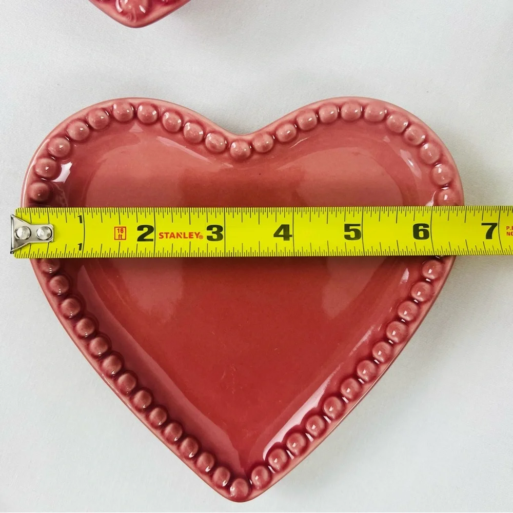 Retired Williams Sonoma Ramekins Heart Shape Beaded Plate Trinket Red Dessert